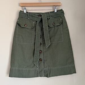 J.CREW Green Canvas Button Front Belted A-Line Knee Length Skirt Pockets 4